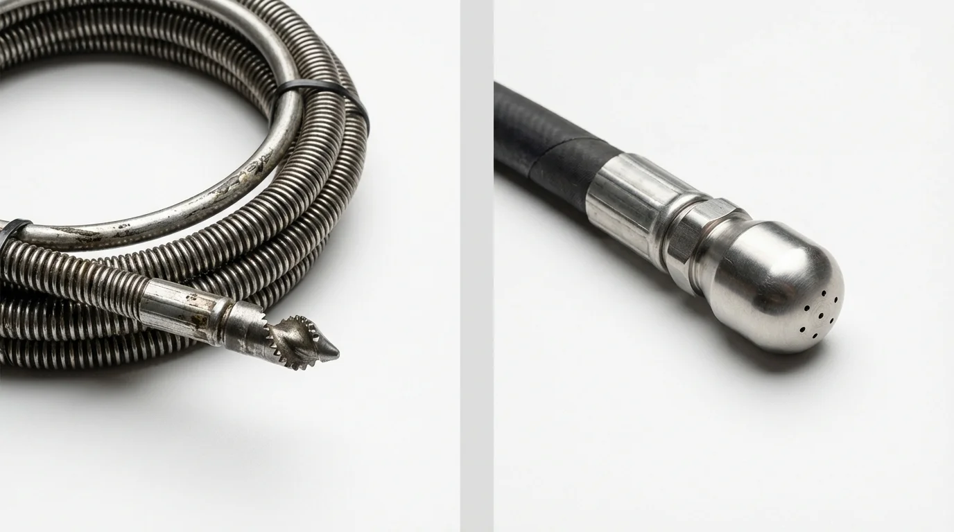 Drain snake cable and hydro jetting nozzle used for drain cleaning in Pittsboro, NC