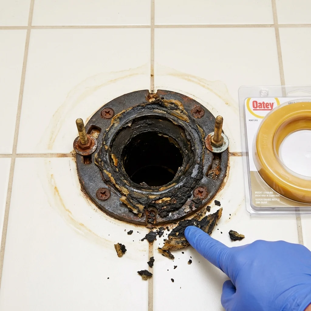 Failed wax ring showing water seepage at the base of a toilet in a Pittsboro, NC home